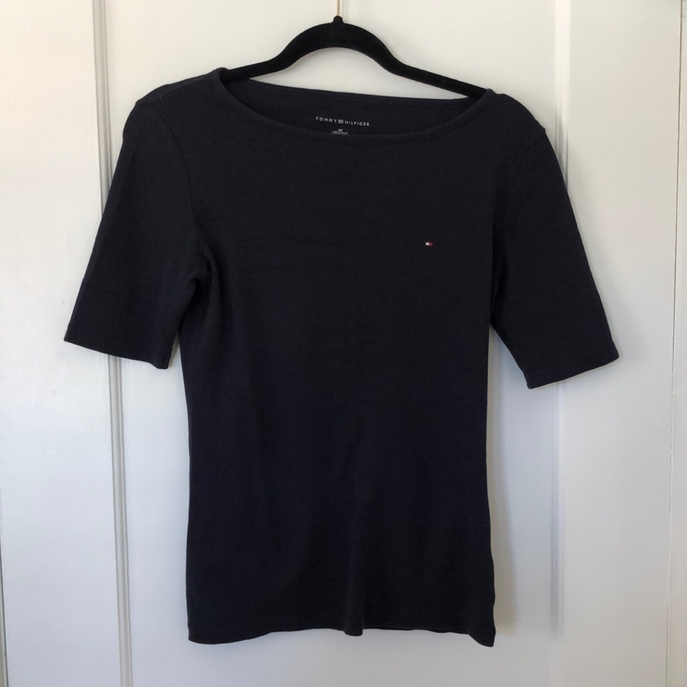 TOMMY HILFIGER S NAVY BLUE LONGER-SHORT SLEEVED SHIRT